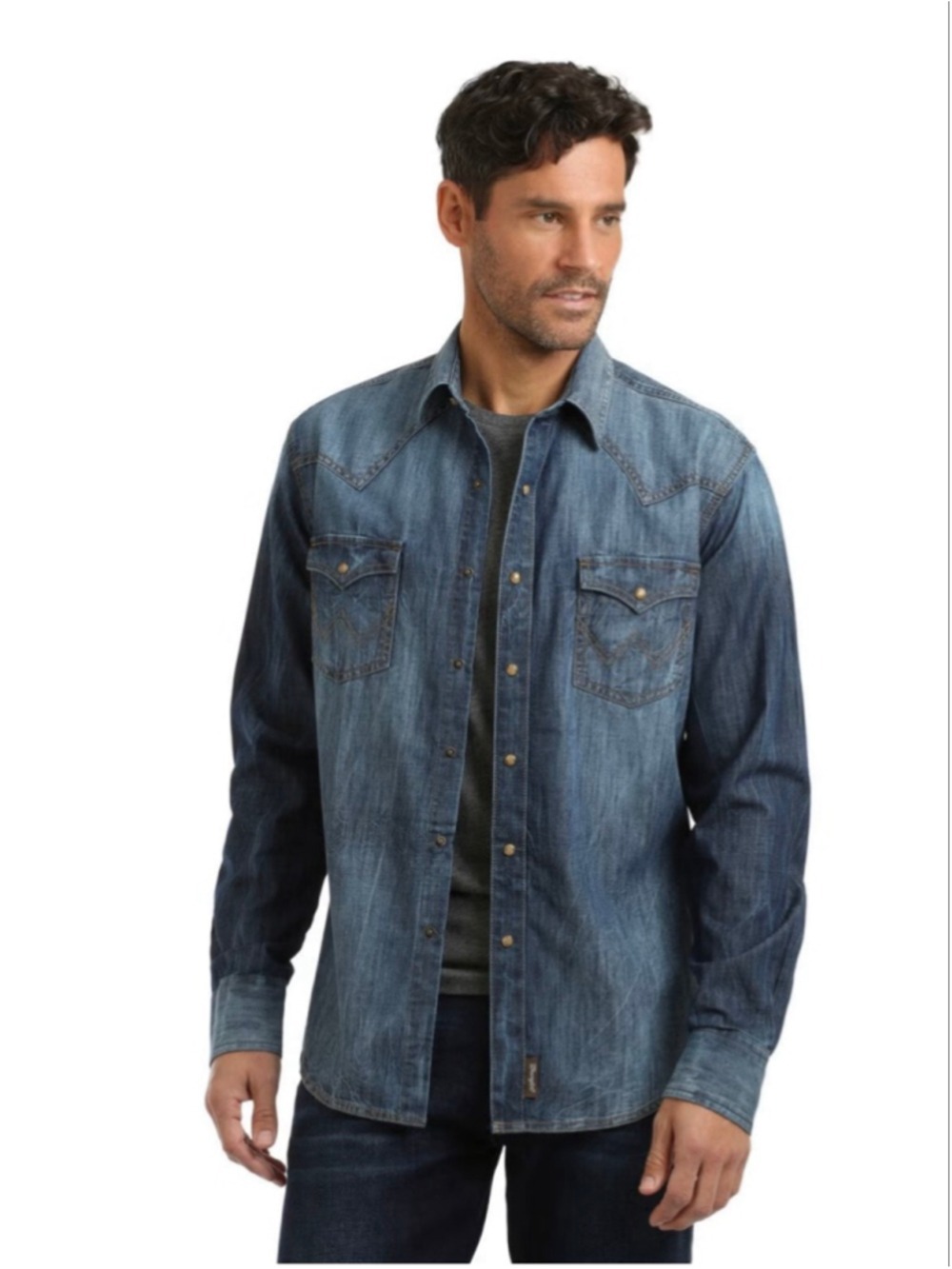 WRANGLER MEN'S SHIRT SLIM FIT DENIM LONG SLEEVE WESTERN SNAP DARK WASH Large